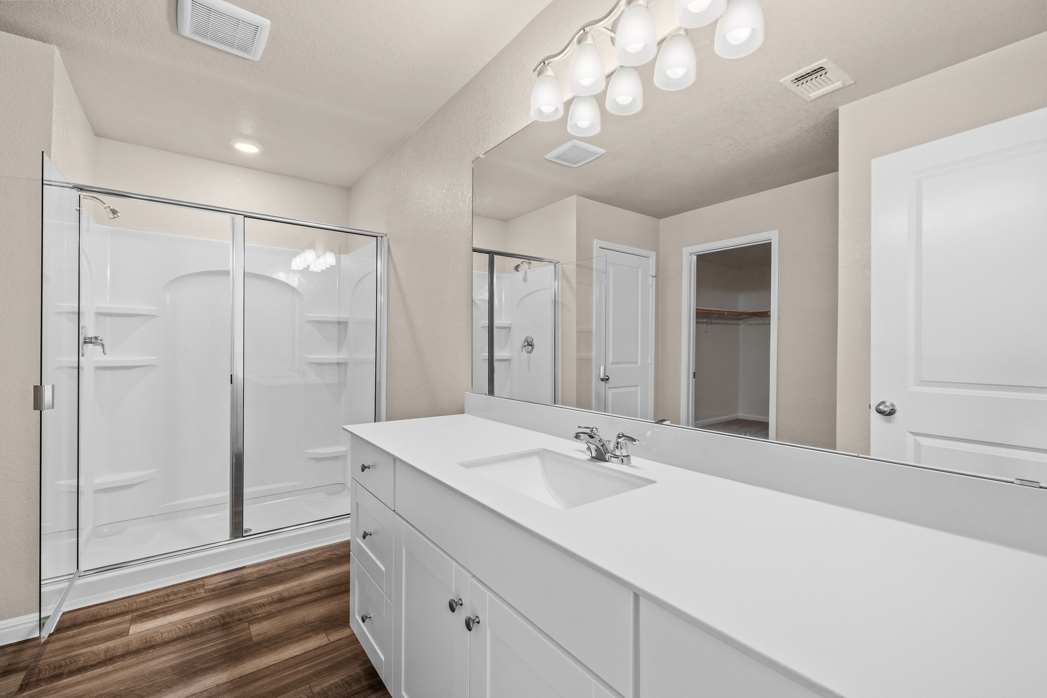 241 Night Riders Way Jarrell, TX 76537 - Photo 19 of 39 Full bath with a stall shower, vanity, dark wood-style floors, and a walk in closet