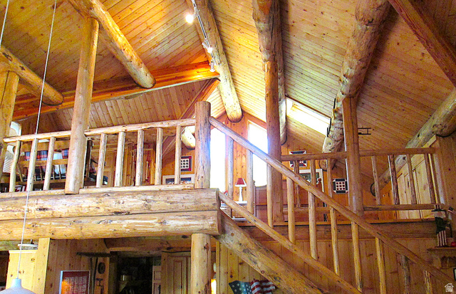 6210 Mountain View Road, Unit 133 Coalville, UT 84017 - Photo 46 of 87 Detailed view of the vaulted loft ceiling with exposed beams, and a second story overlook to the great room.