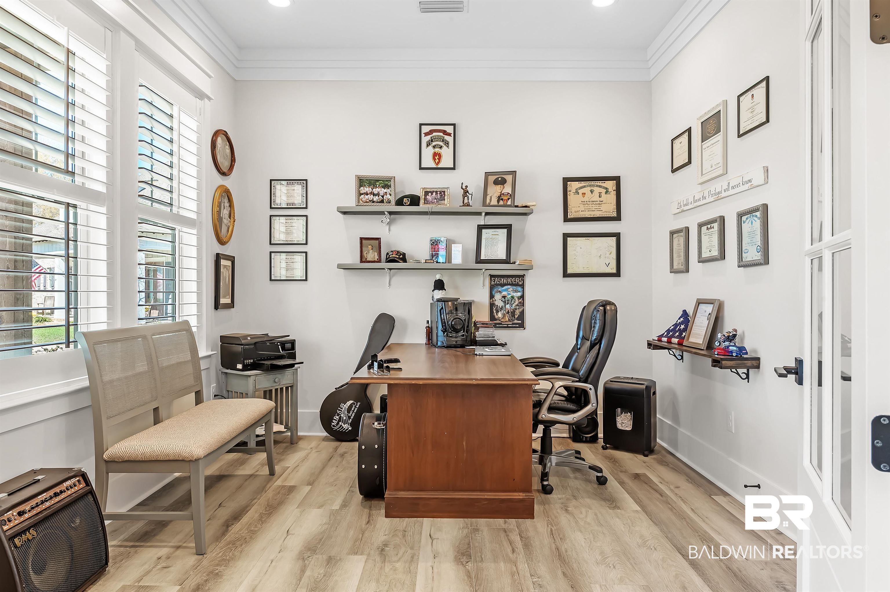 9144 Harvest Ridge Fairhope, AL 36532 - Photo 17 of 58 Office space featuring baseboards, light wood-style flooring, and crown molding