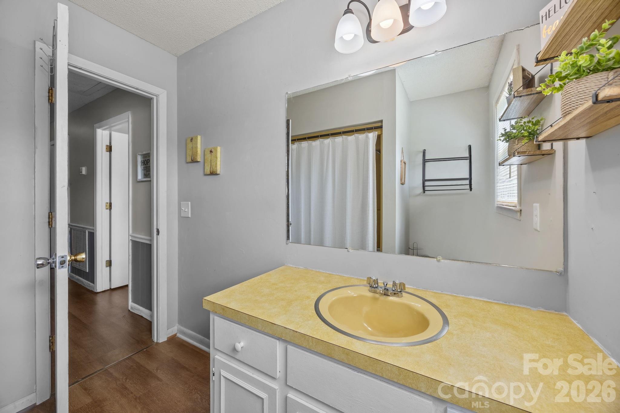 9698 Pine Tree Road, Unit 55 Norwood, NC 28128 - Photo 19 of 29 a bathroom with a granite countertop sink and a mirror