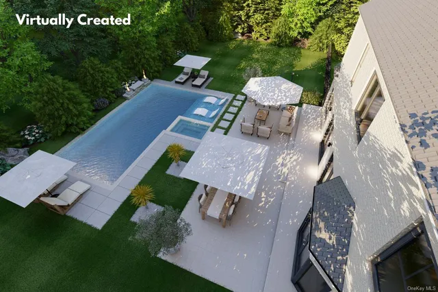 an aerial view of a house with a garden