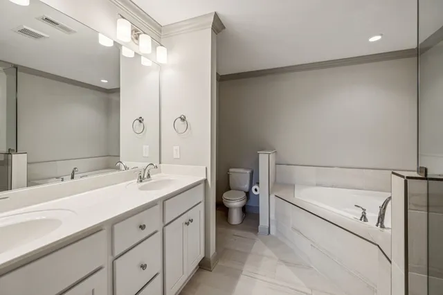 a bathroom with a double vanity sink toilet mirror and bathtub