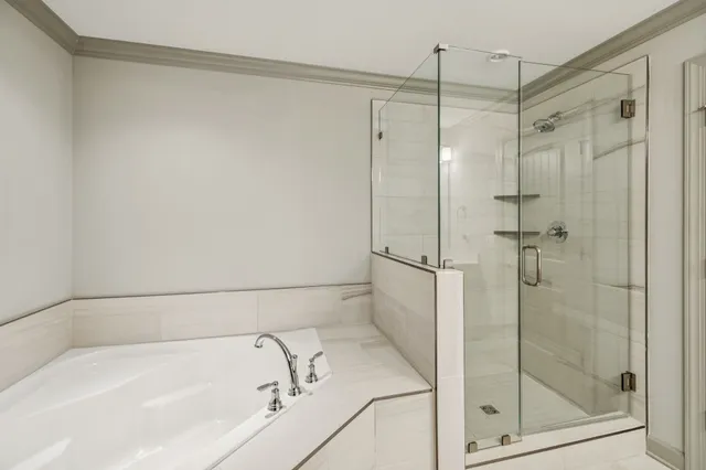 a bathroom with a bathtub and a shower