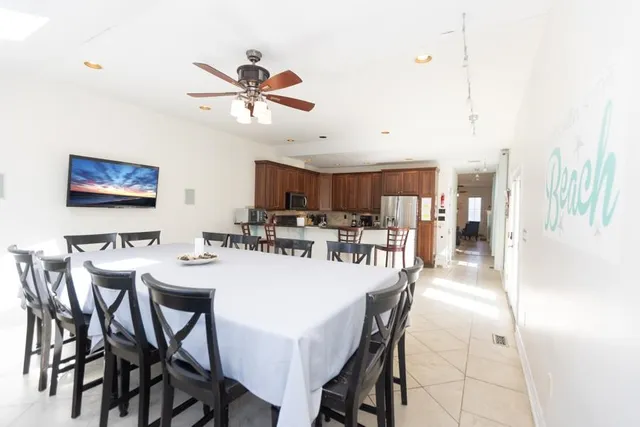 a view of a dining room with furniture