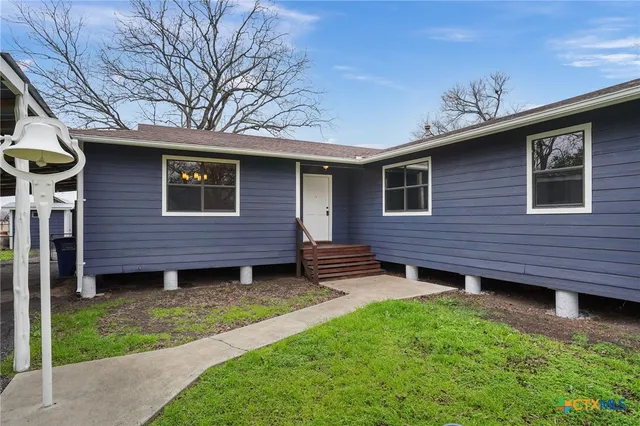a view of a backyard with a large tree