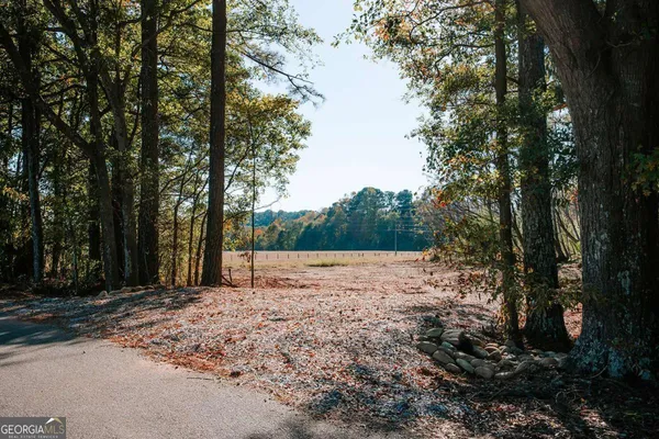a backyard of a house with large trees