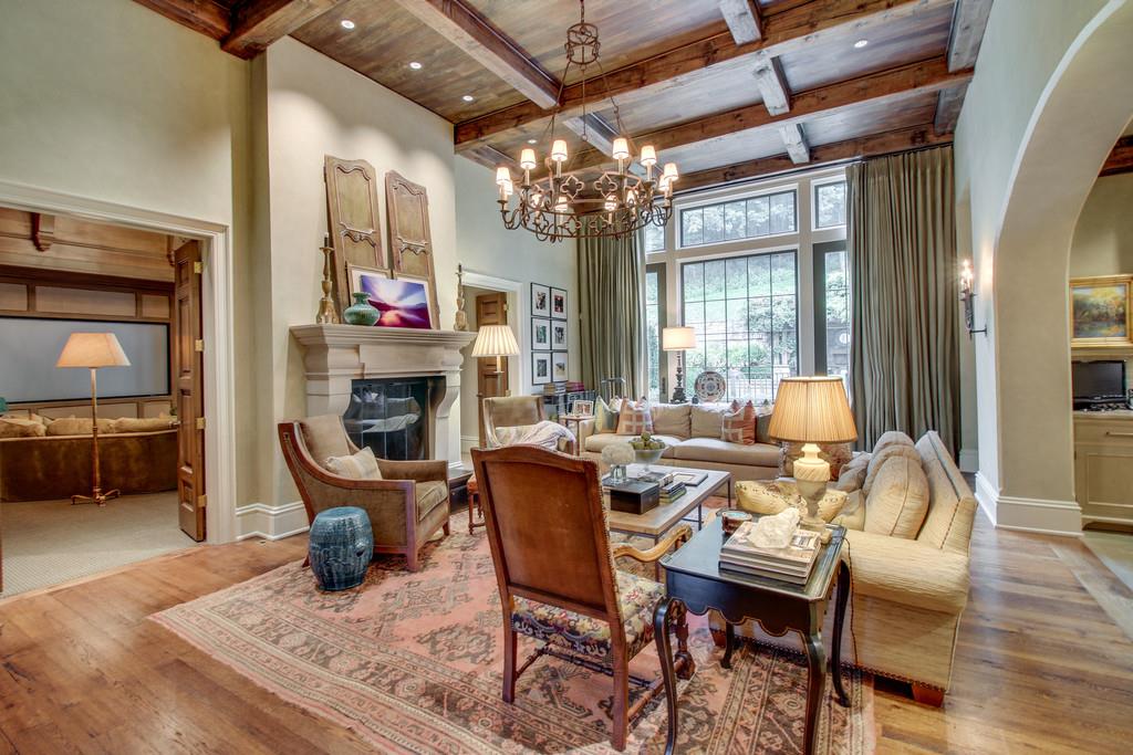 919 Overton Lea Road Nashville, TN 37220 - Photo 5 of 30 Great room with exposed wood beamed ceiling & limestone fireplace