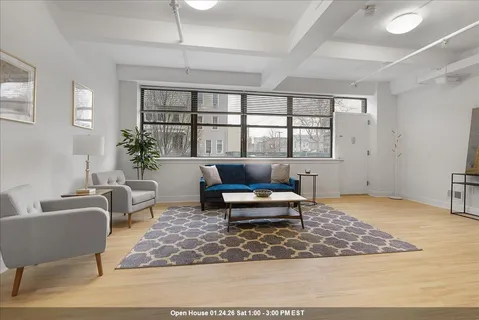 a living room with furniture and a rug