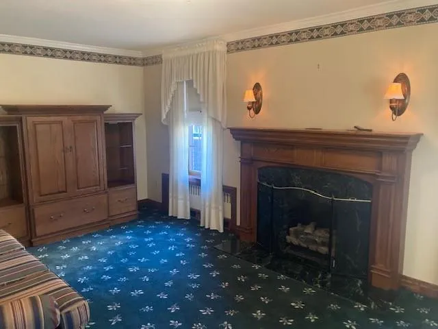 a living room with furniture and a fireplace