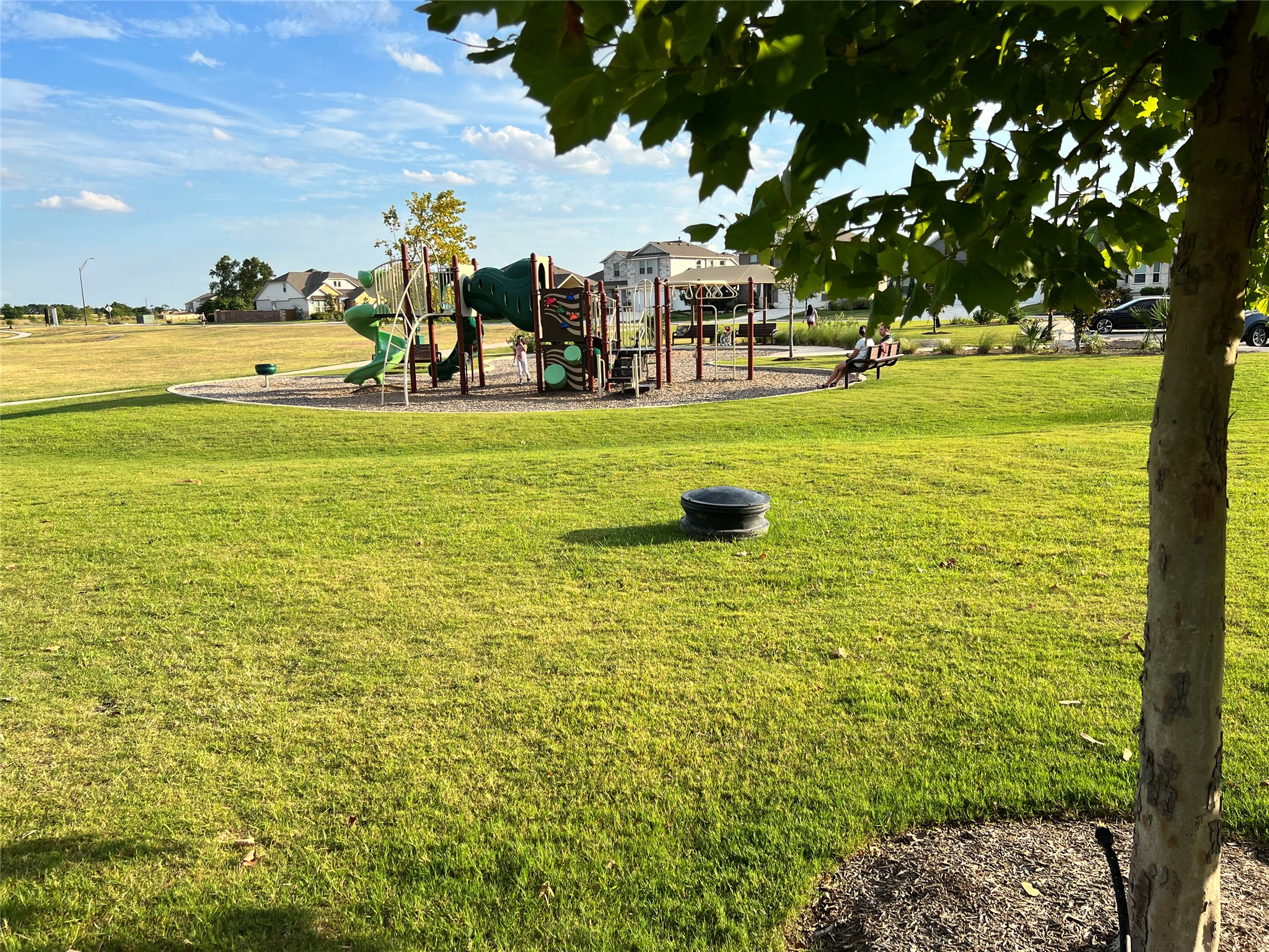140 Pentro Path Georgetown, TX 78626 - Photo 30 of 37 A community playground awaits with vibrant equipment, framed by green lawns and residential homes.