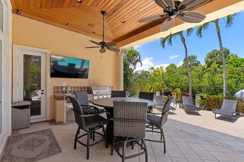 a view of a backyard with plants and a patio