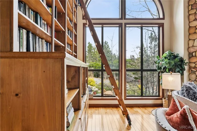 a view of staircase with a floor to ceiling window and potted plant
