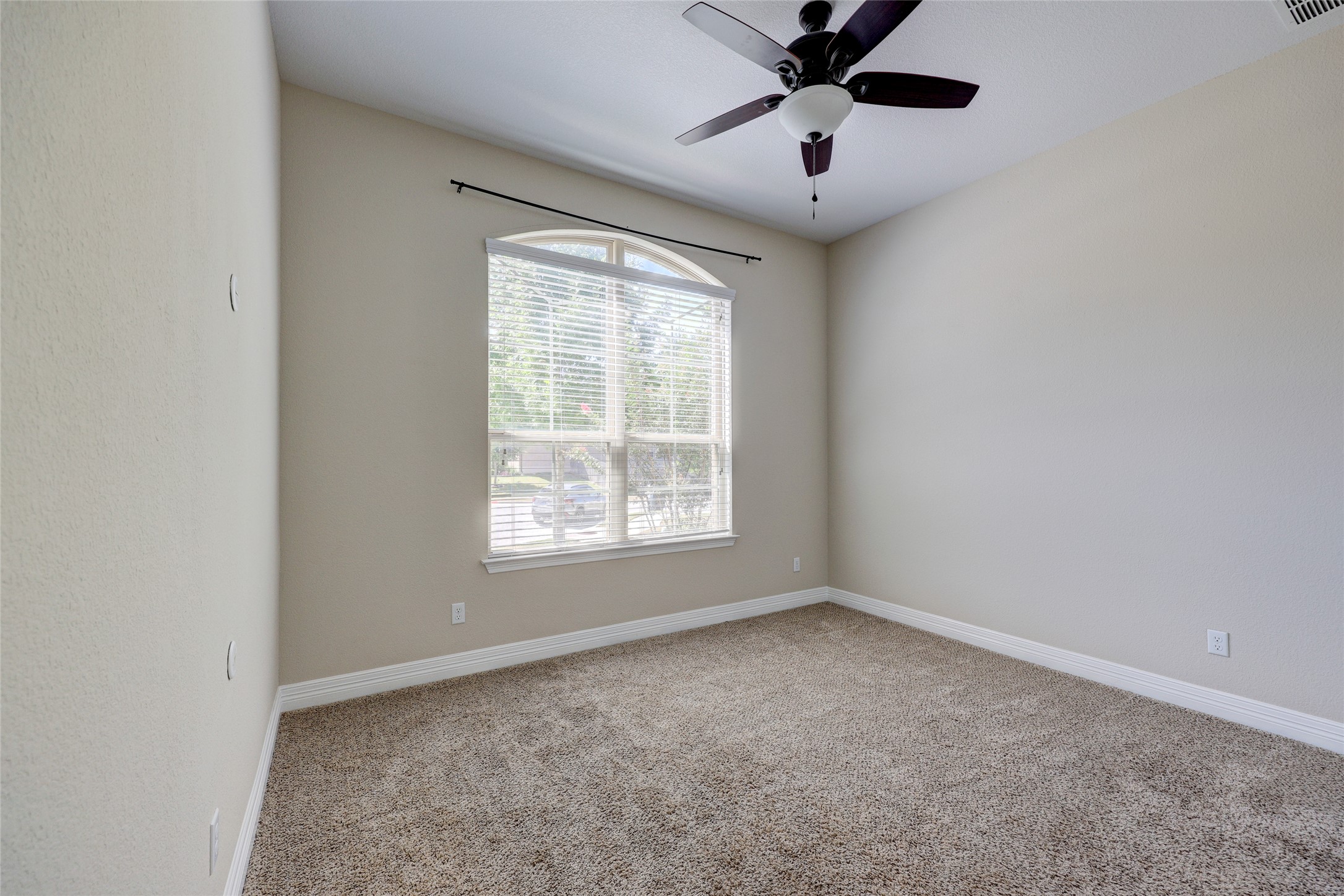 409 Betony Loop Buda, TX 78610 - Photo 24 of 38 An airy bedroom with vaulted ceilings, plush carpeting, and a sun-filled arched window.