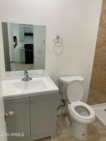 a bathroom with a toilet sink and mirror