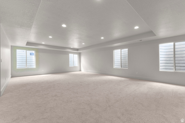 11718 South Halls Crk Road Draper, UT 84020 - Photo 24 of 28 Unfurnished room featuring a raised ceiling, plenty of natural light, carpet floors, recessed lighting, and a textured ceiling