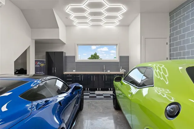 a view of a swimming pool and an outdoor space