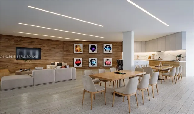 a dining room with furniture and wooden floor