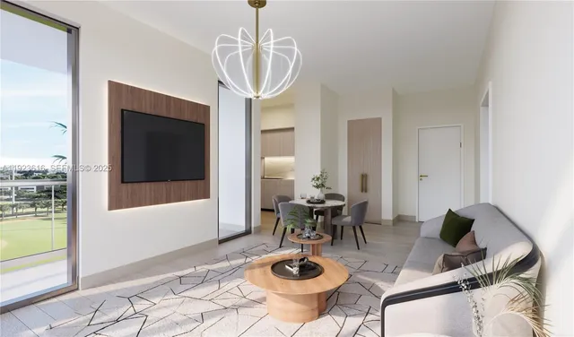 a dining room with furniture and a floor to ceiling window