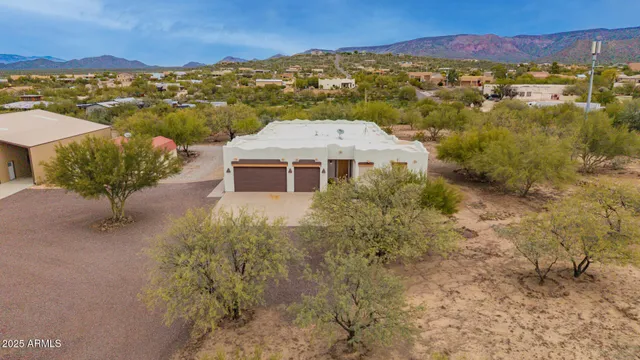 an aerial view of residential houses with outdoor space and trees