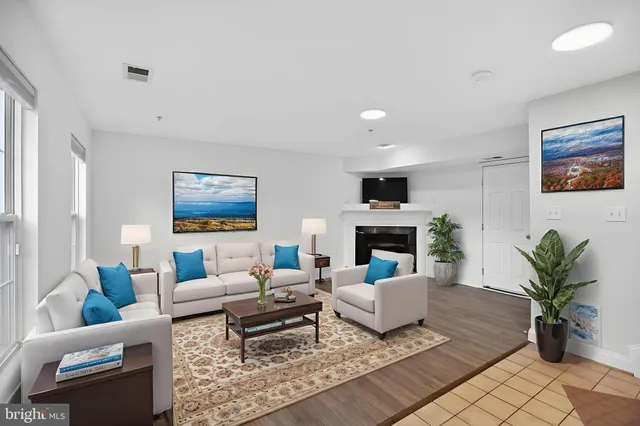 a living room with furniture a fireplace and a potted plant