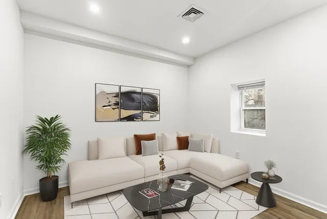 a living room with furniture and a potted plant