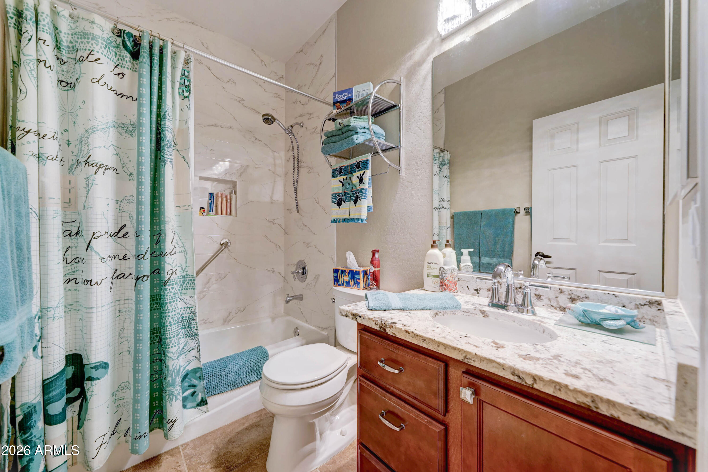 2101 South Meridian Road, Unit 164 Apache Junction, AZ 85120 - Photo 20 of 56 a bathroom with a granite countertop sink a toilet and shower