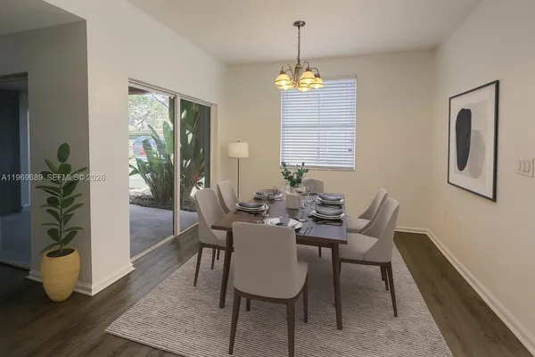 a view of a dining room with furniture window and wooden floor