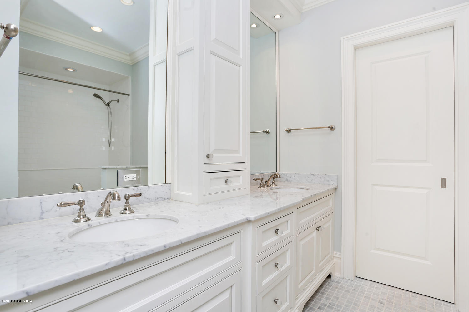 17 Dialstone Lane Riverside, CT 06878 - Photo 26 of 50 a bathroom with a granite countertop sink and a mirror