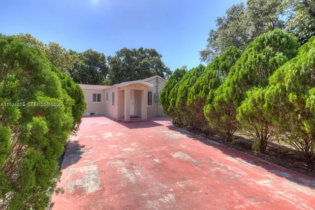 a view of a backyard with potted plants and large trees