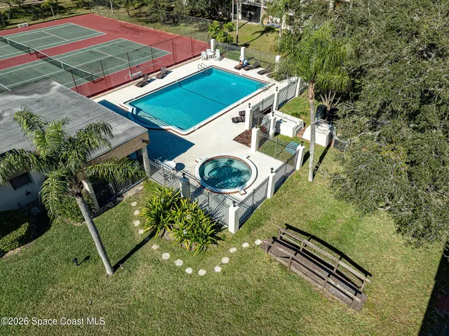 an aerial view of a backyard