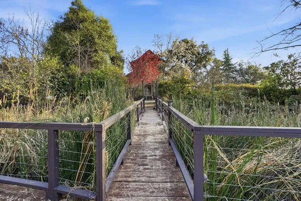 a view of a swimming pool with a yard and large trees