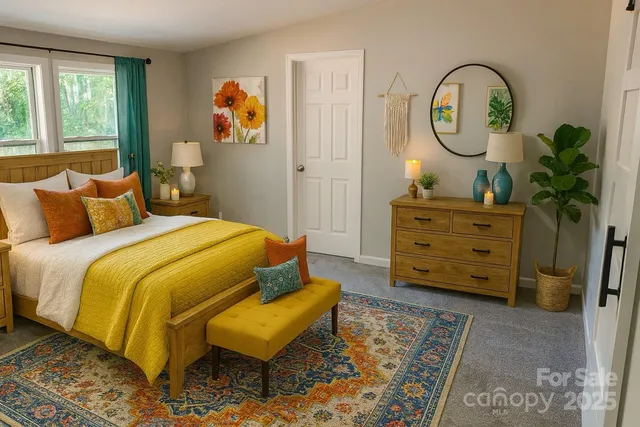 a bedroom with a bed and a painting on the wall