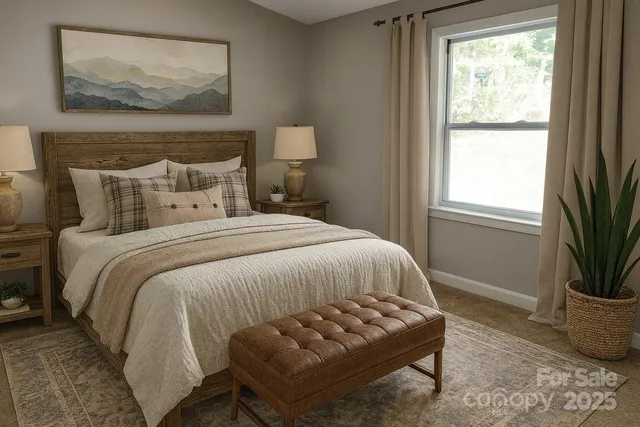 a bedroom with a bed and a painting on the wall