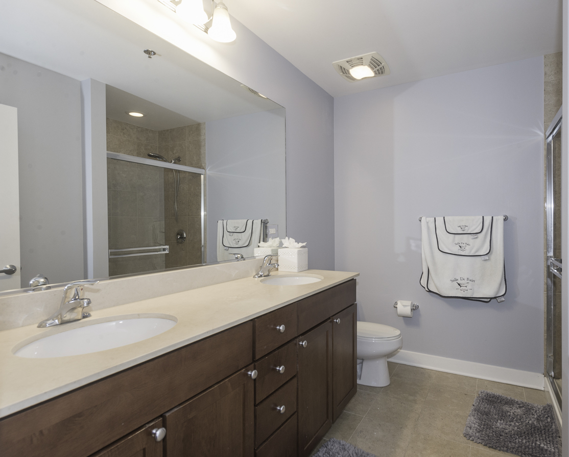 901 West Madison Street, Unit 818 Chicago, IL 60607 - Photo 16 of 26 a bathroom with a granite countertop toilet sink and mirror