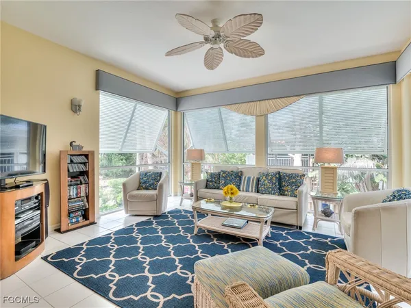 a living room with furniture and a floor to ceiling window