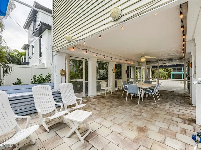 a view of a patio with a dining table and chairs