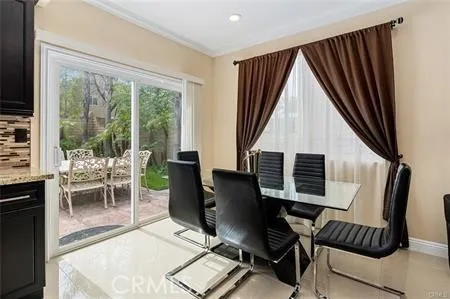 a view of a dining room with furniture wooden floor and a window