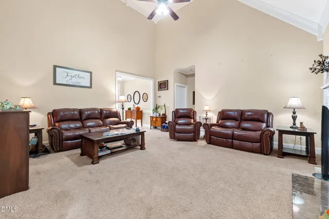 a living room with furniture a ceiling fan and a rug
