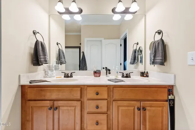 a bathroom with a sink vanity and a mirror