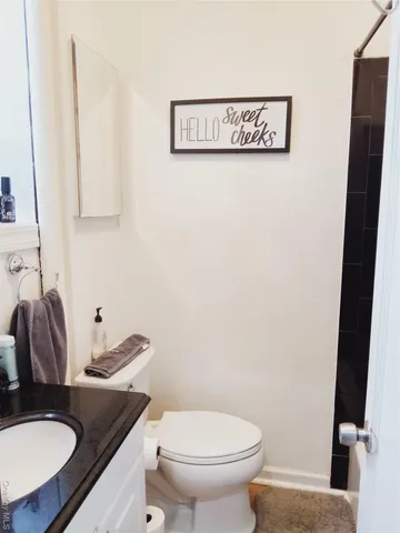 a bathroom with a toilet a sink and mirror