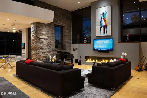 a living room with furniture and a potted plant