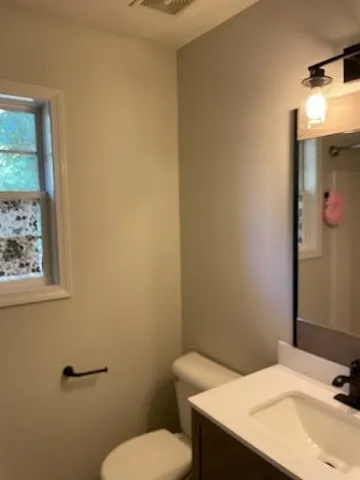 a bathroom with a sink a toilet and mirror