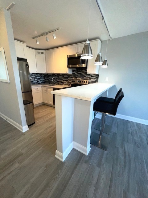 655 West Irving Park Road, Unit 2611 Chicago, IL 60613 - Photo 26 of 32 a kitchen with stainless steel appliances granite countertop a stove and a wooden floors