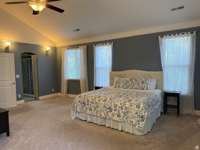 2388 East 850 South Springville, UT 84663 - Photo 27 of 58 Vaulted ceiling, ceiling fan, wall sconces, arched doorway, and carpet flooring