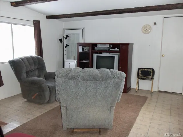 a living room with furniture a fireplace and a large window