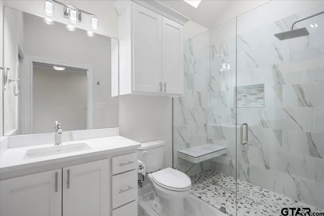 a bathroom with a sink toilet and shower