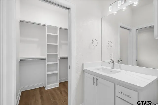 a bathroom with a sink vanity and a mirror