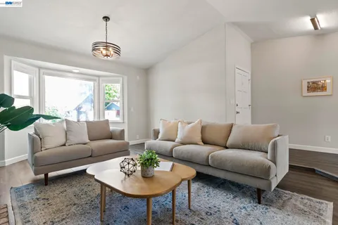 a living room with furniture a rug potted plant and a window