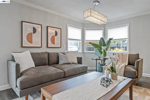 a living room with furniture potted plant and windows