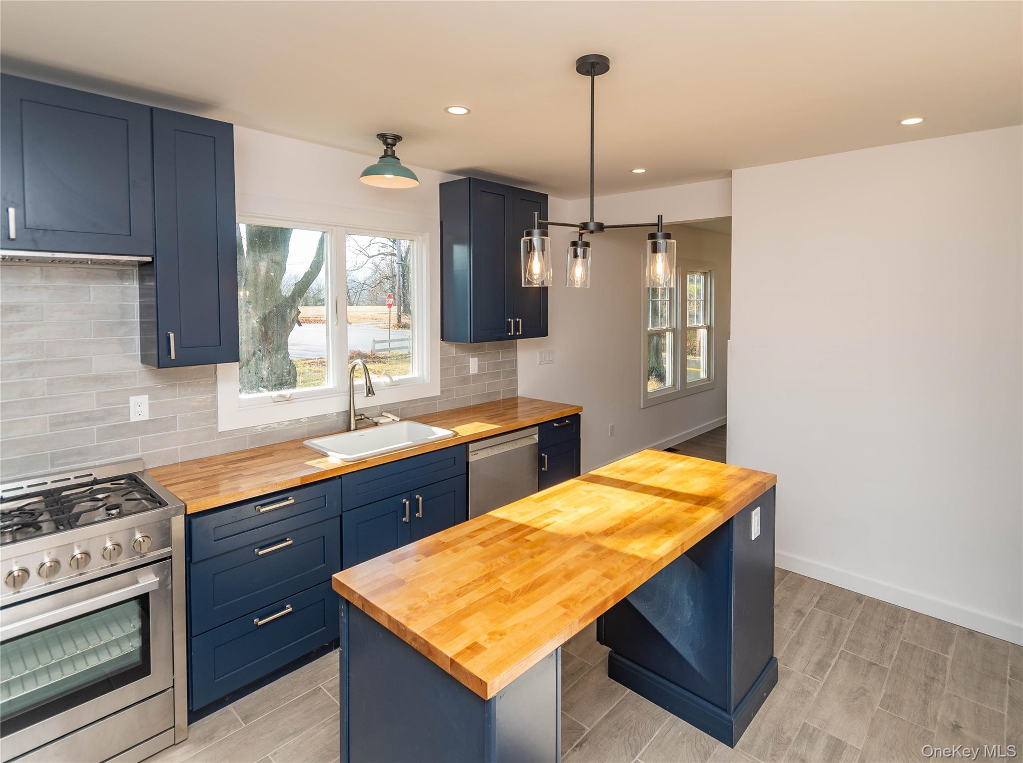 3 Anna Street Kerhonkson, NY 12446 - Photo 8 of 40 Kitchen with appliances with stainless steel finishes, wooden counters, healthy amount of natural light, blue cabinetry, and recessed lighting